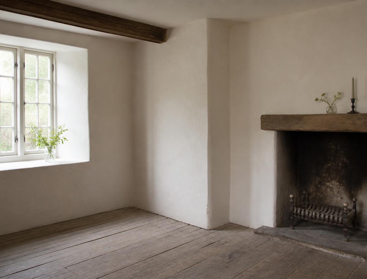 Cottage interior finished in natural lime plaster